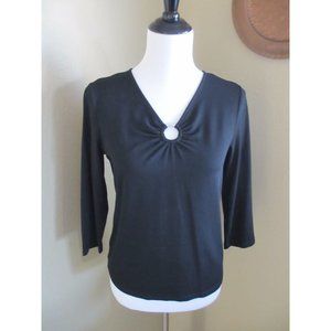 STYLE & COMPANY BLACK SHIRT SILVER AT NECKLINE 3/4 LENGTH SLEEVE TOP SIZE SMALL
